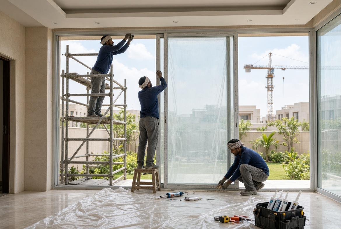 Sliding glass door installation, private villa