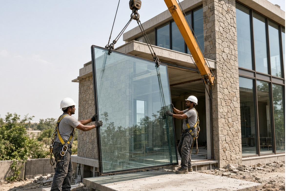 Crane-lifted structural glass panel